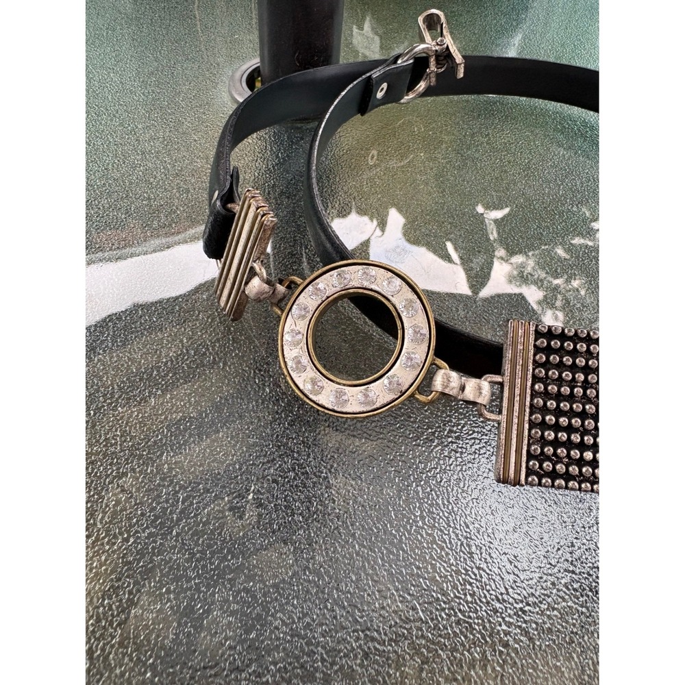 Chicos Womens Mixed Metal Crystal Embellished Leather Statement Belt Black ML - Picture 5 of 10